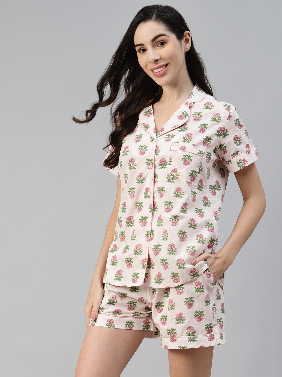  Baby pink Cotton Floral Print Night Suit 