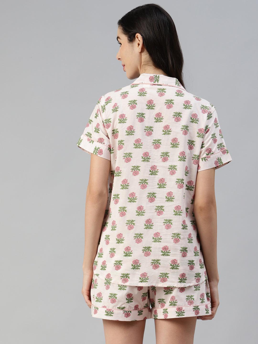  Baby pink Cotton Floral Print Night Suit 