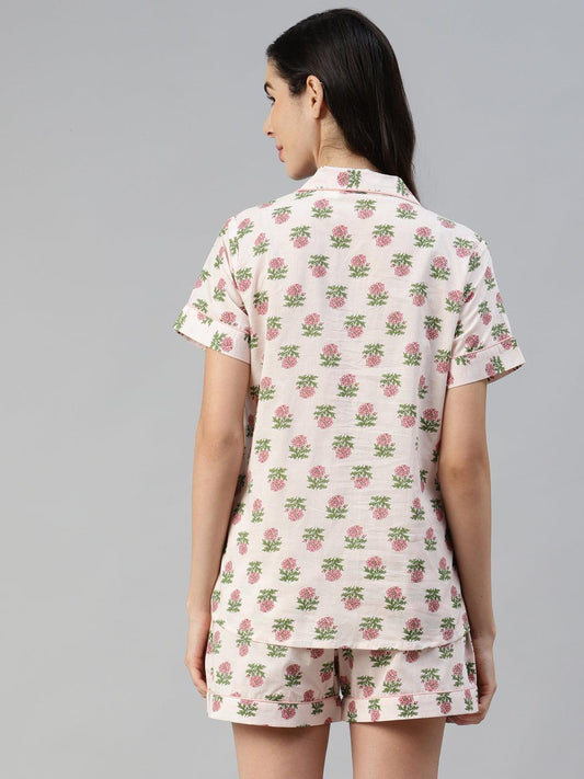  Baby pink Cotton Floral Print Night Suit 