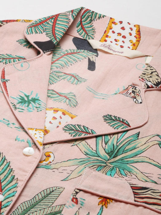  Pink Cotton Floral Print Night Suit 