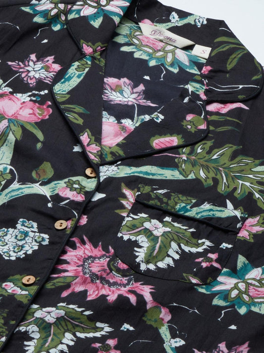  Black Cotton Floral Print Night Suit 