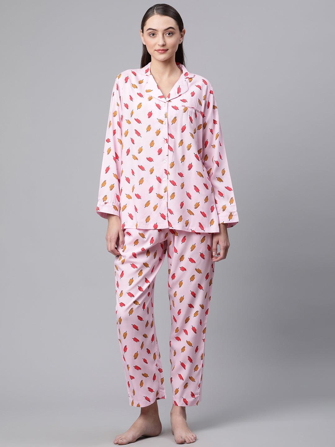   Light Pink Rayon Printed Night suit 