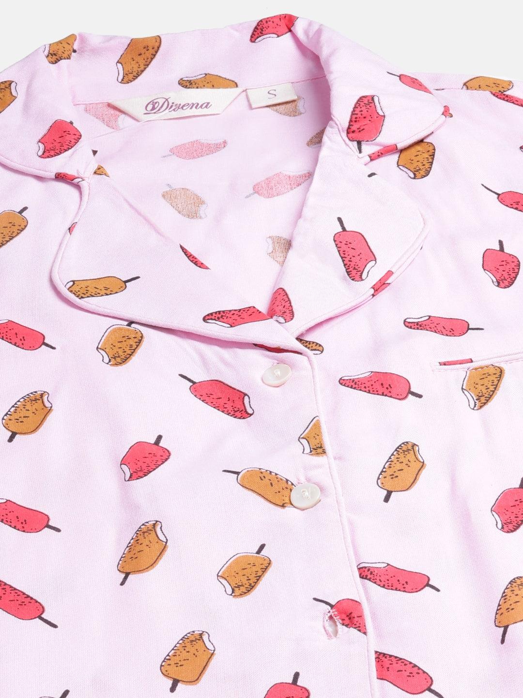   Light Pink Rayon Printed Night suit 