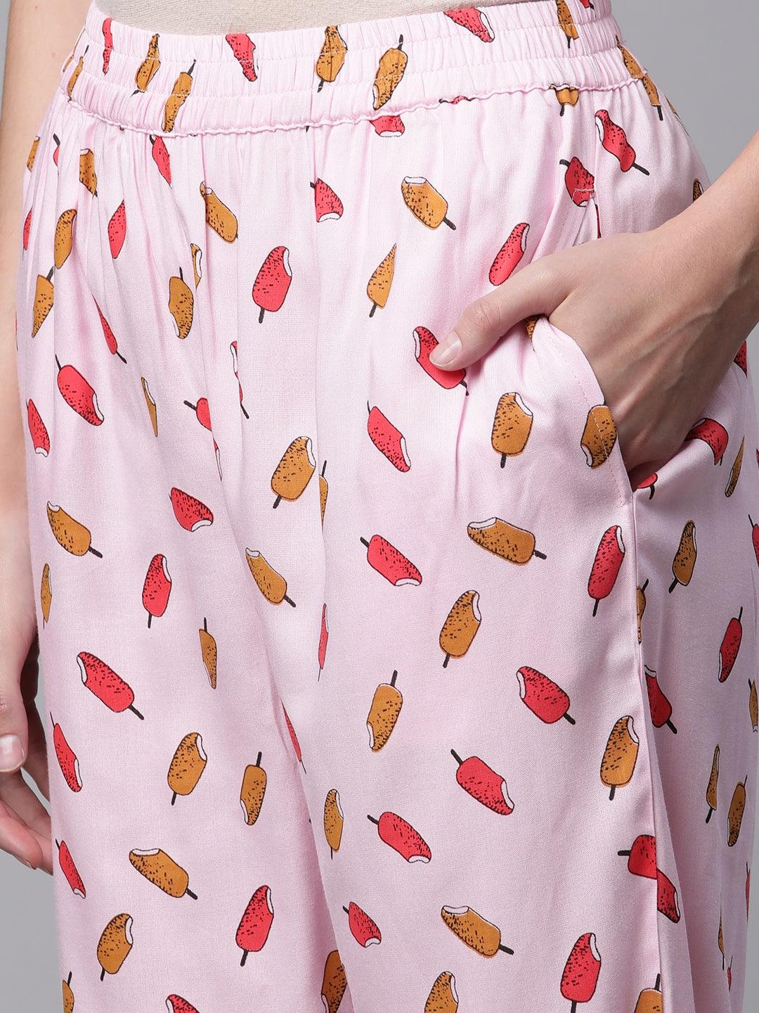   Light Pink Rayon Printed Night suit 