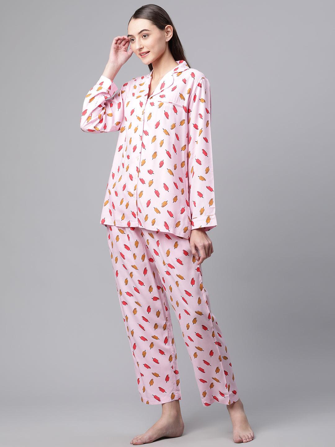   Light Pink Rayon Printed Night suit 