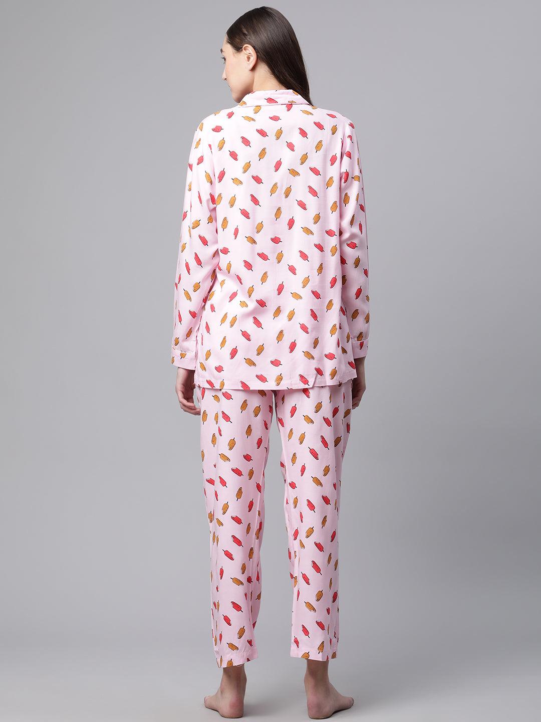   Light Pink Rayon Printed Night suit 