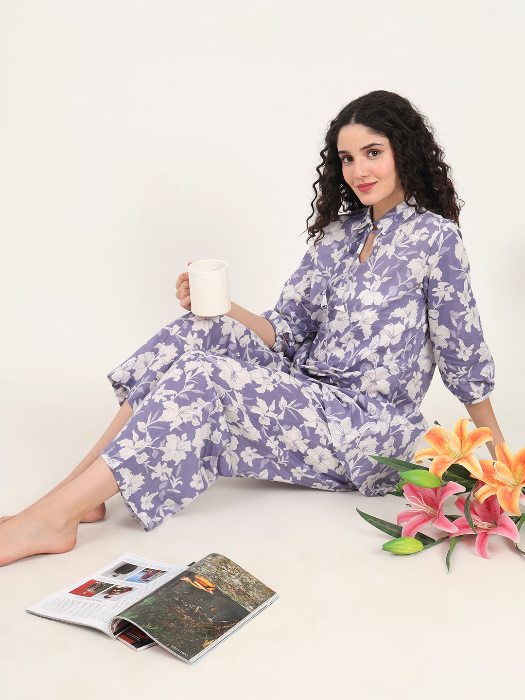 Blue Cotton Night Suit with a Collared Shirt