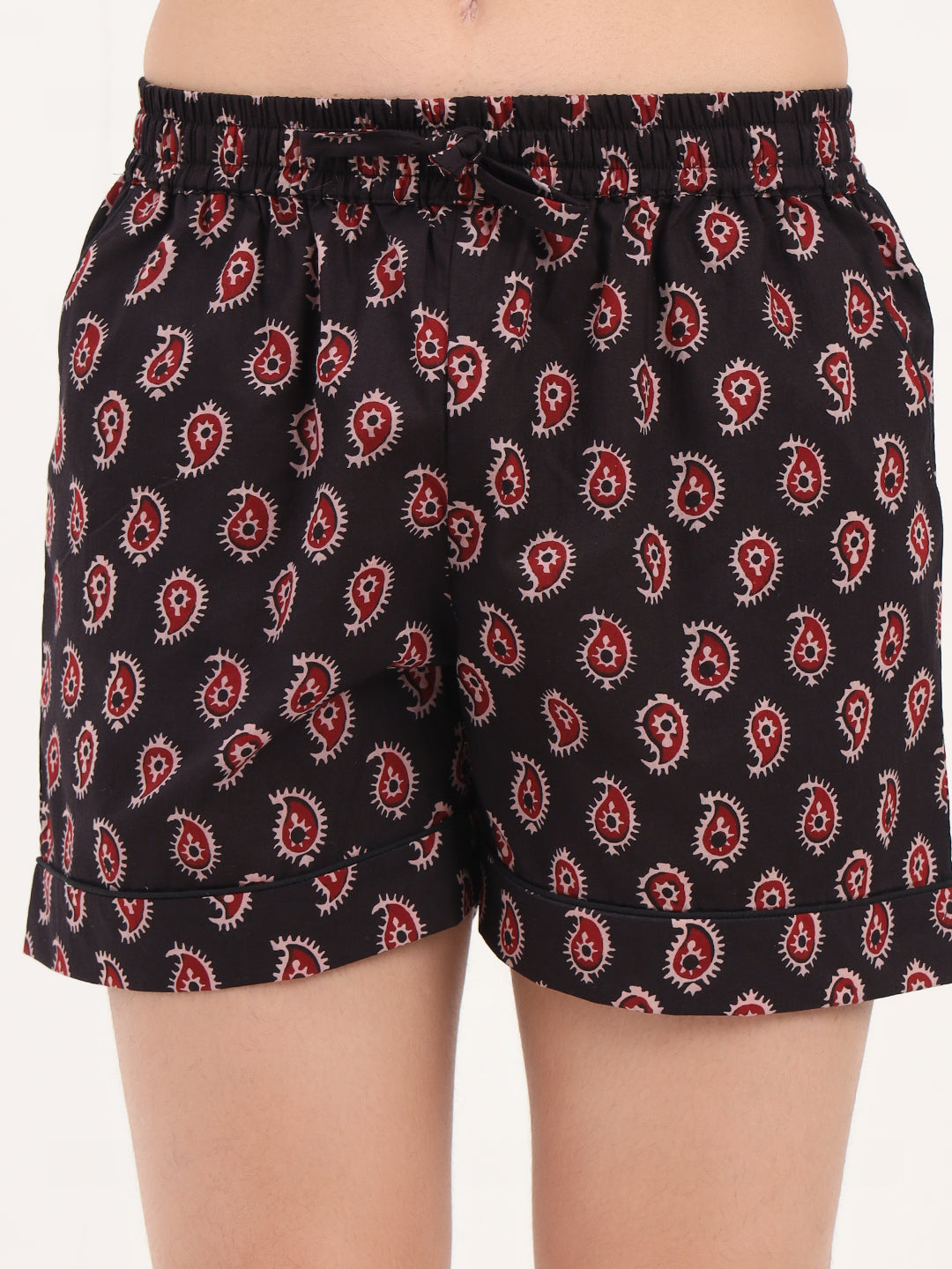 Black Paisley Print Cotton Shorts