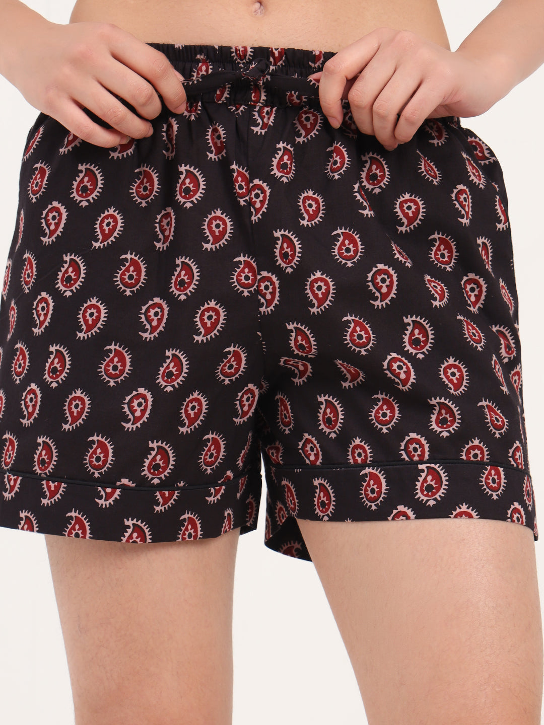 Black Paisley Print Cotton Shorts