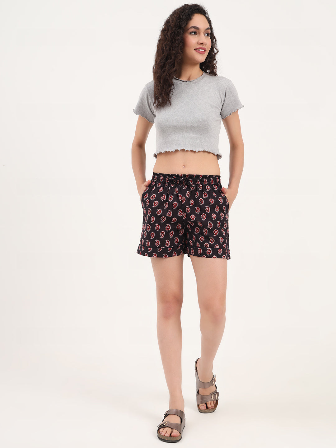 Black Paisley Print Cotton Shorts