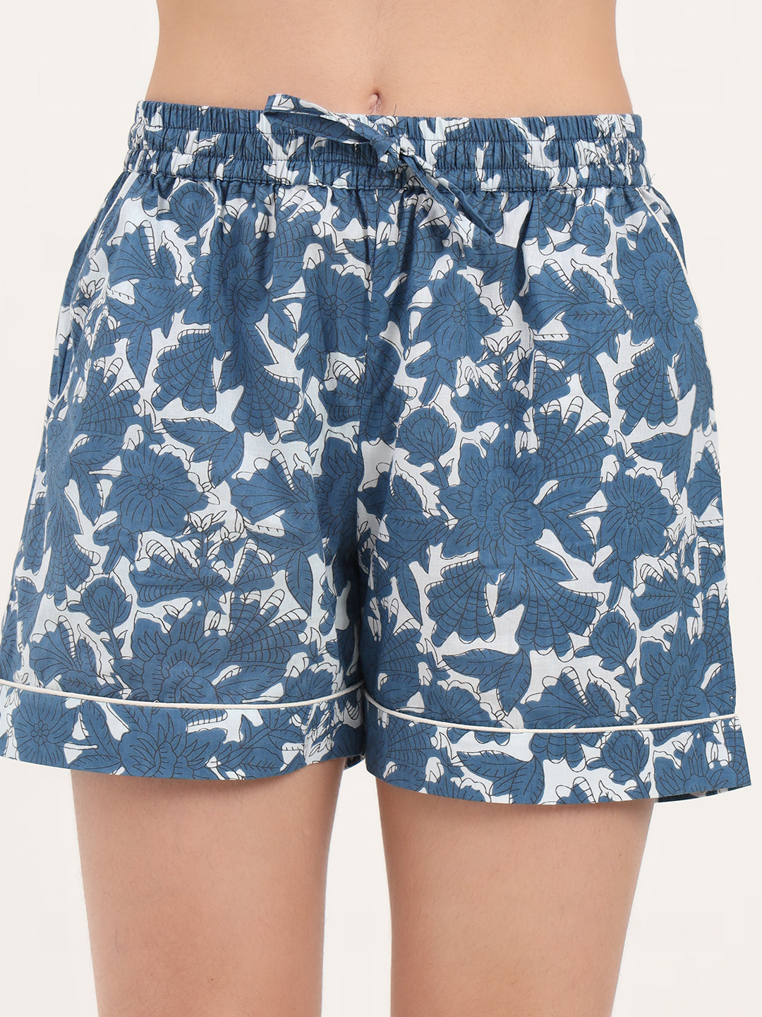 Blue Floral Print Cotton Shorts