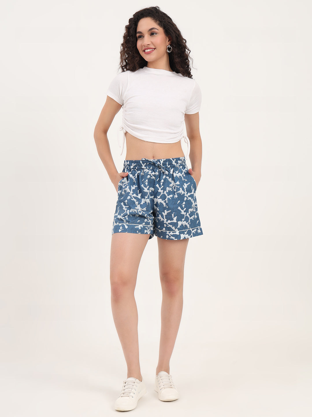 Blue Floral Print Cotton Shorts
