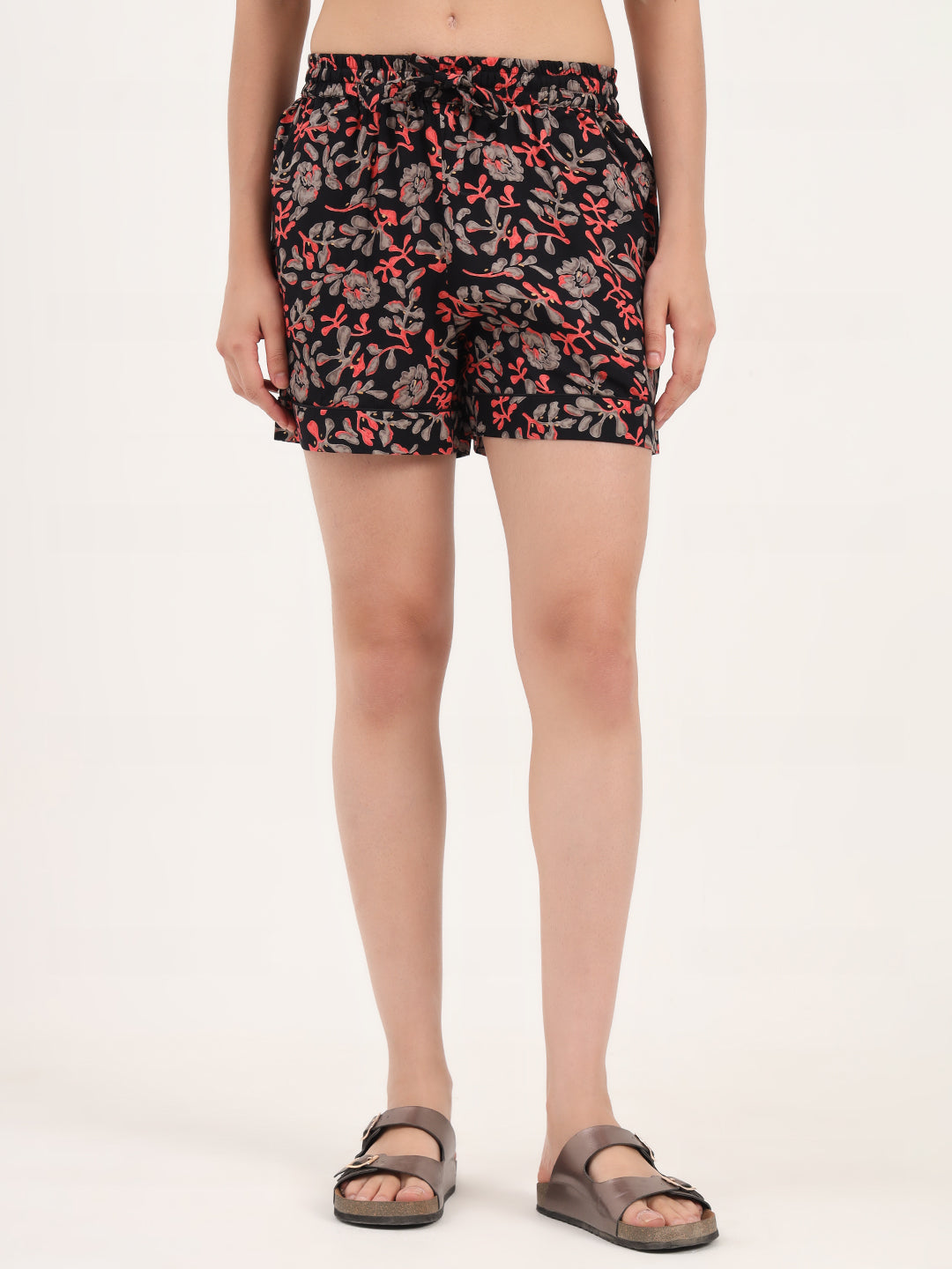 Black Floral Print Cotton Shorts
