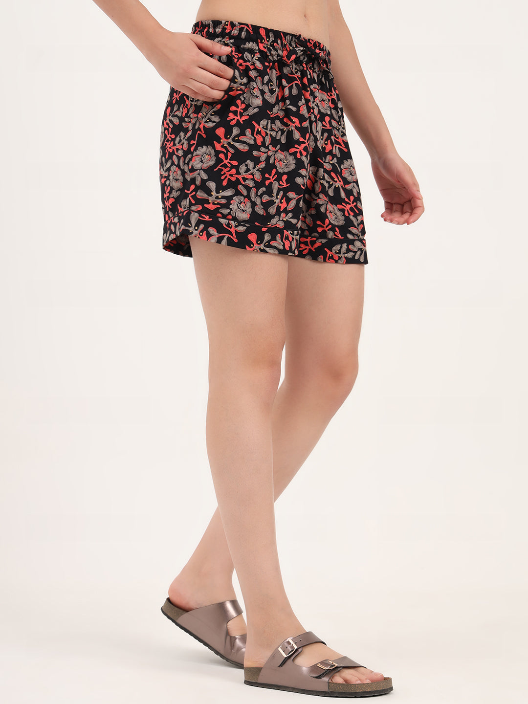 Black Floral Print Cotton Shorts
