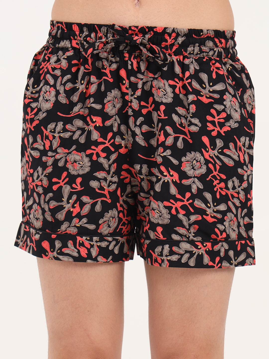 Black Floral Print Cotton Shorts