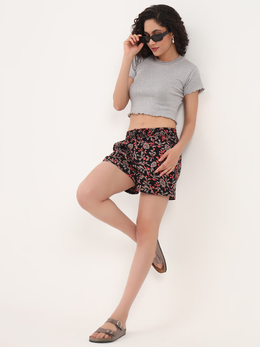 Black Floral Print Cotton Shorts