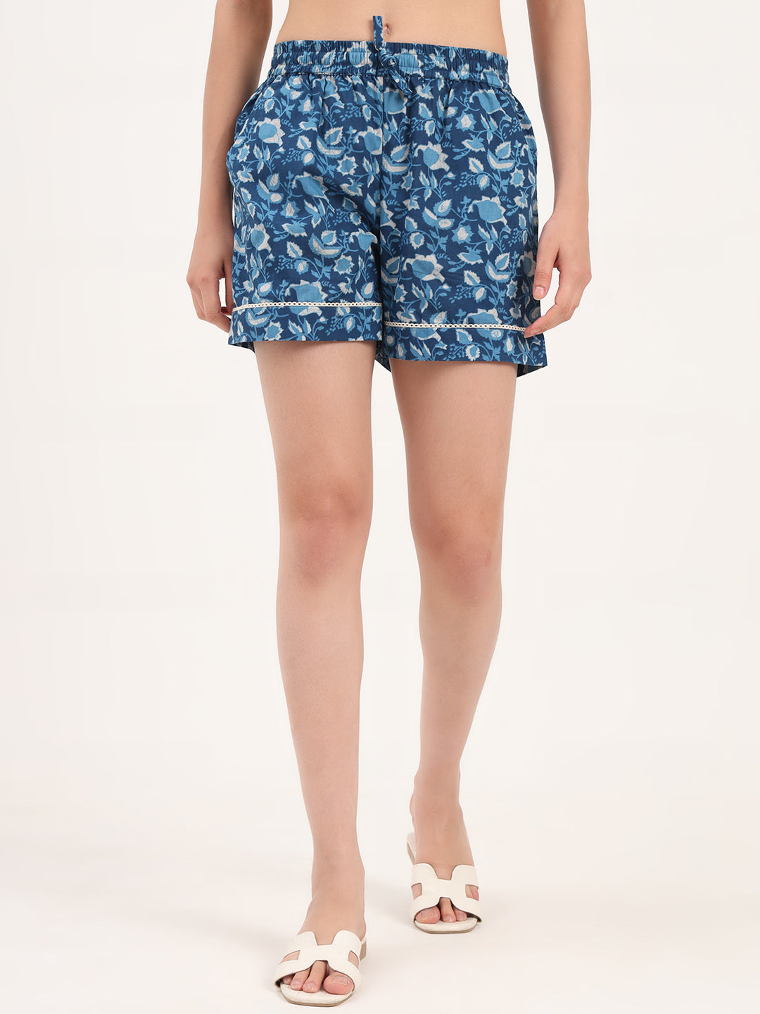 Light Blue Floral Print Cotton Shorts