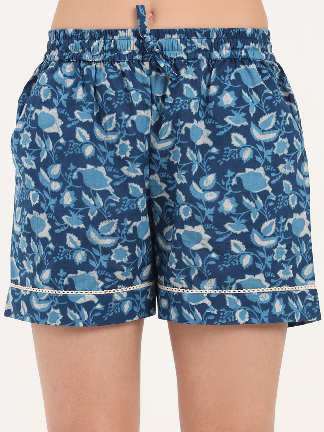 Light Blue Floral Print Cotton Shorts