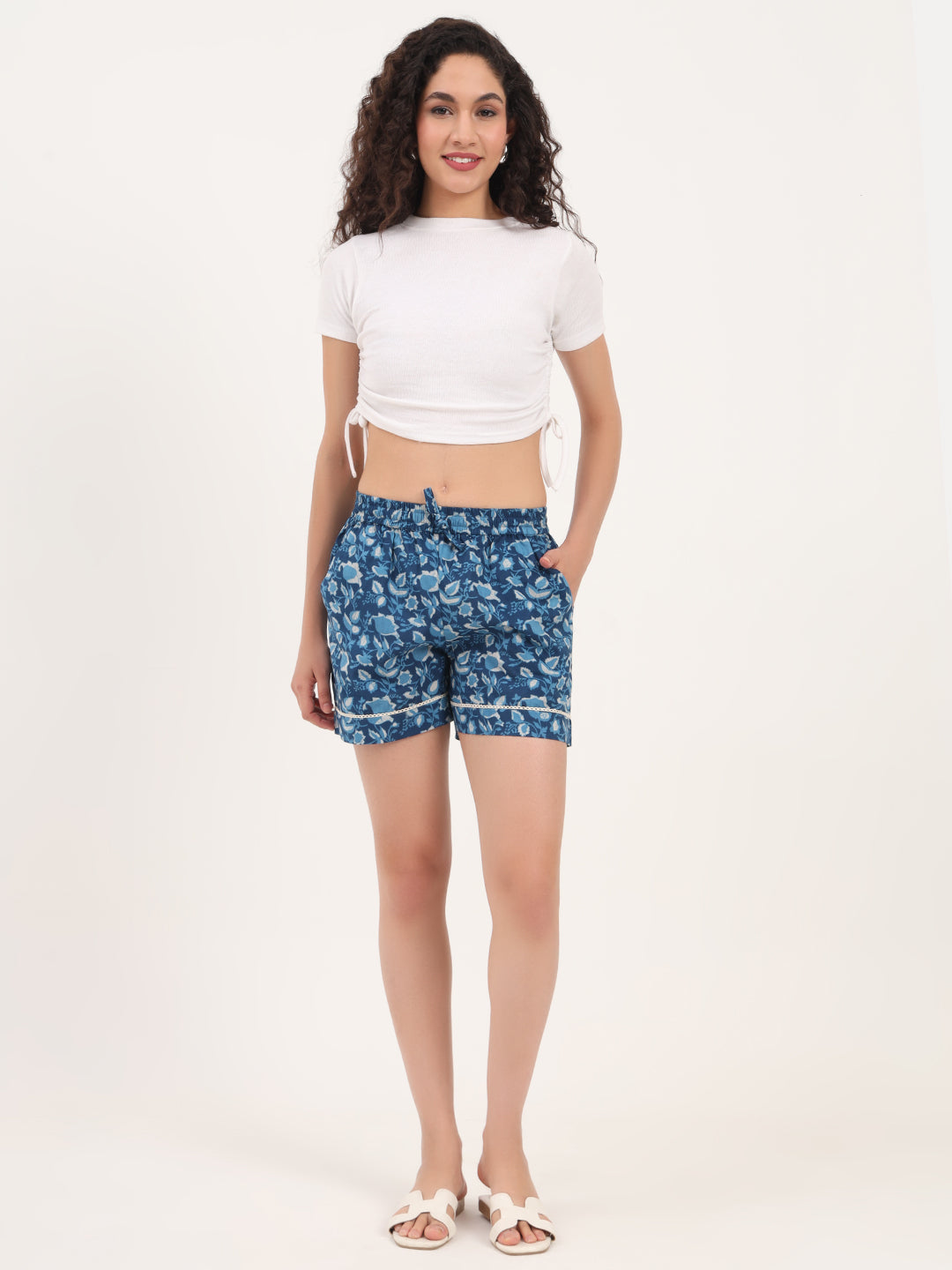 Light Blue Floral Print Cotton Shorts