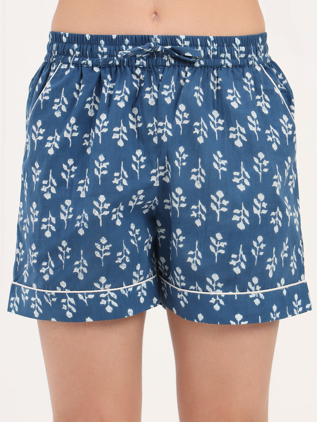 Blue Floral Print Cotton Shorts