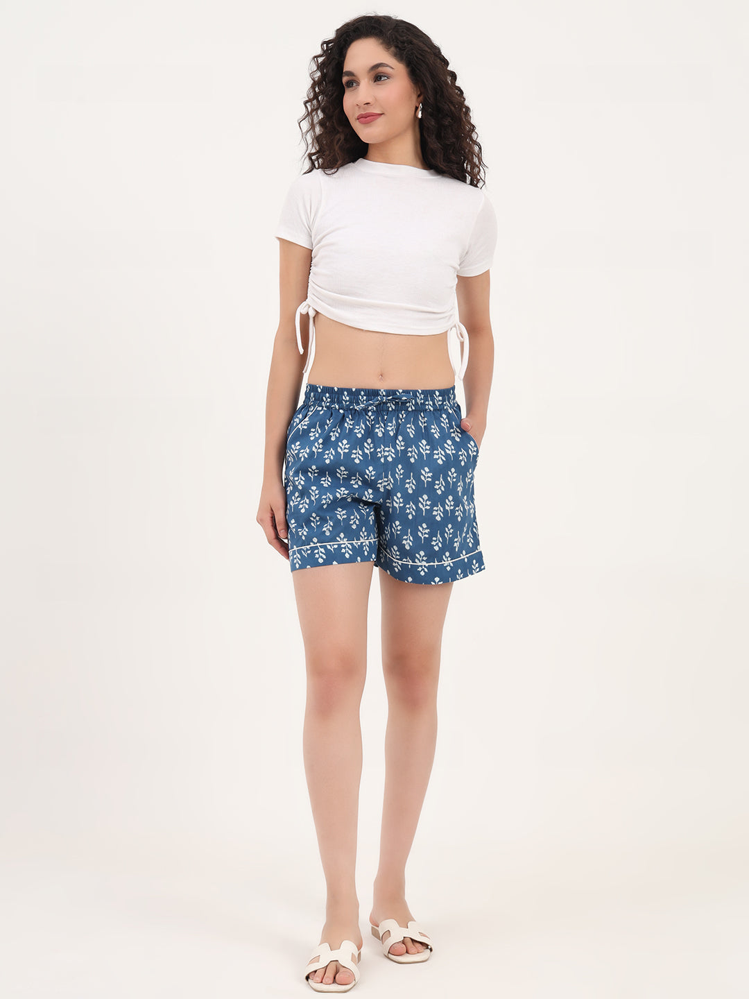 Blue Floral Print Cotton Shorts