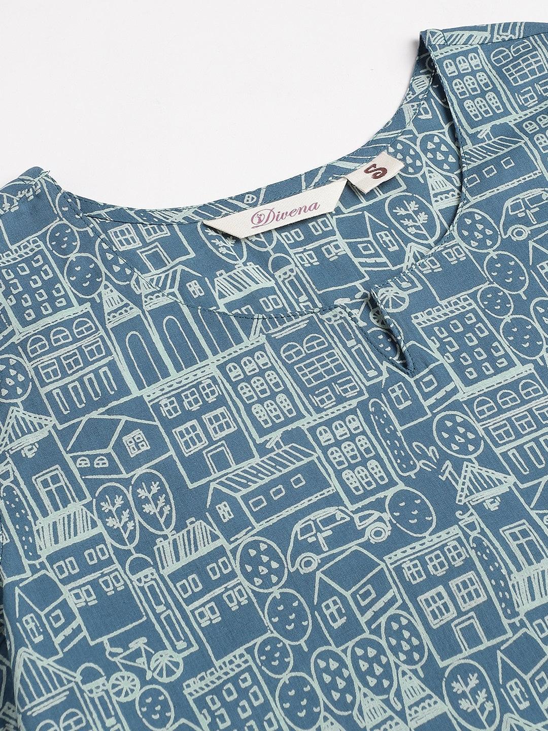  Teal Blue Printed Loungewear/Nightwear 