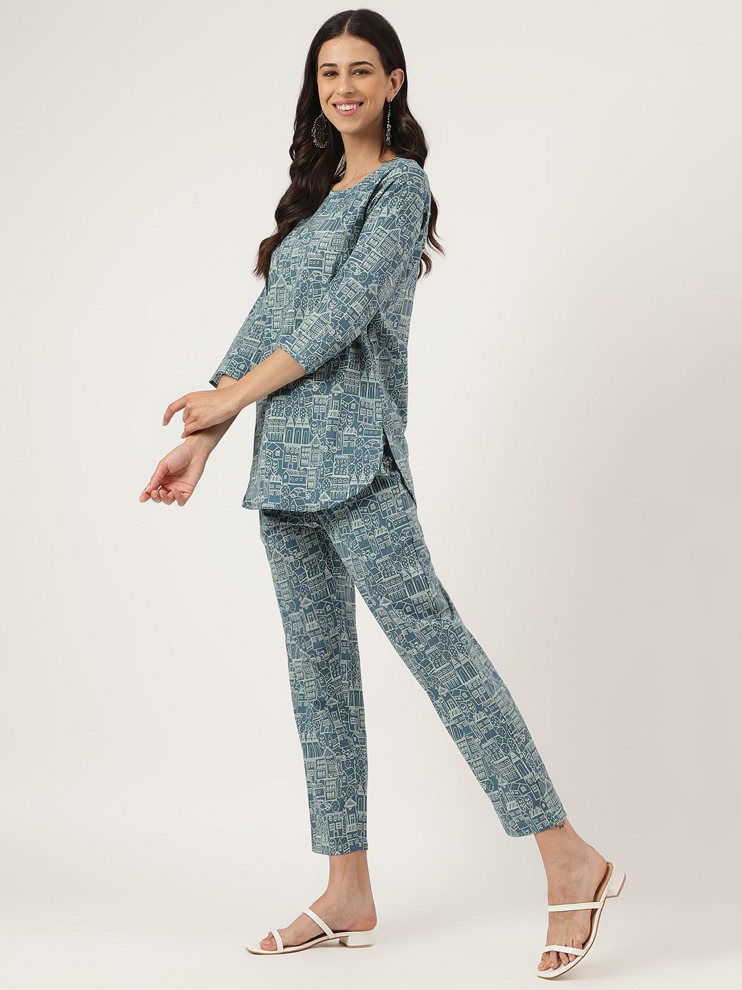  Teal Blue Printed Loungewear/Nightwear 