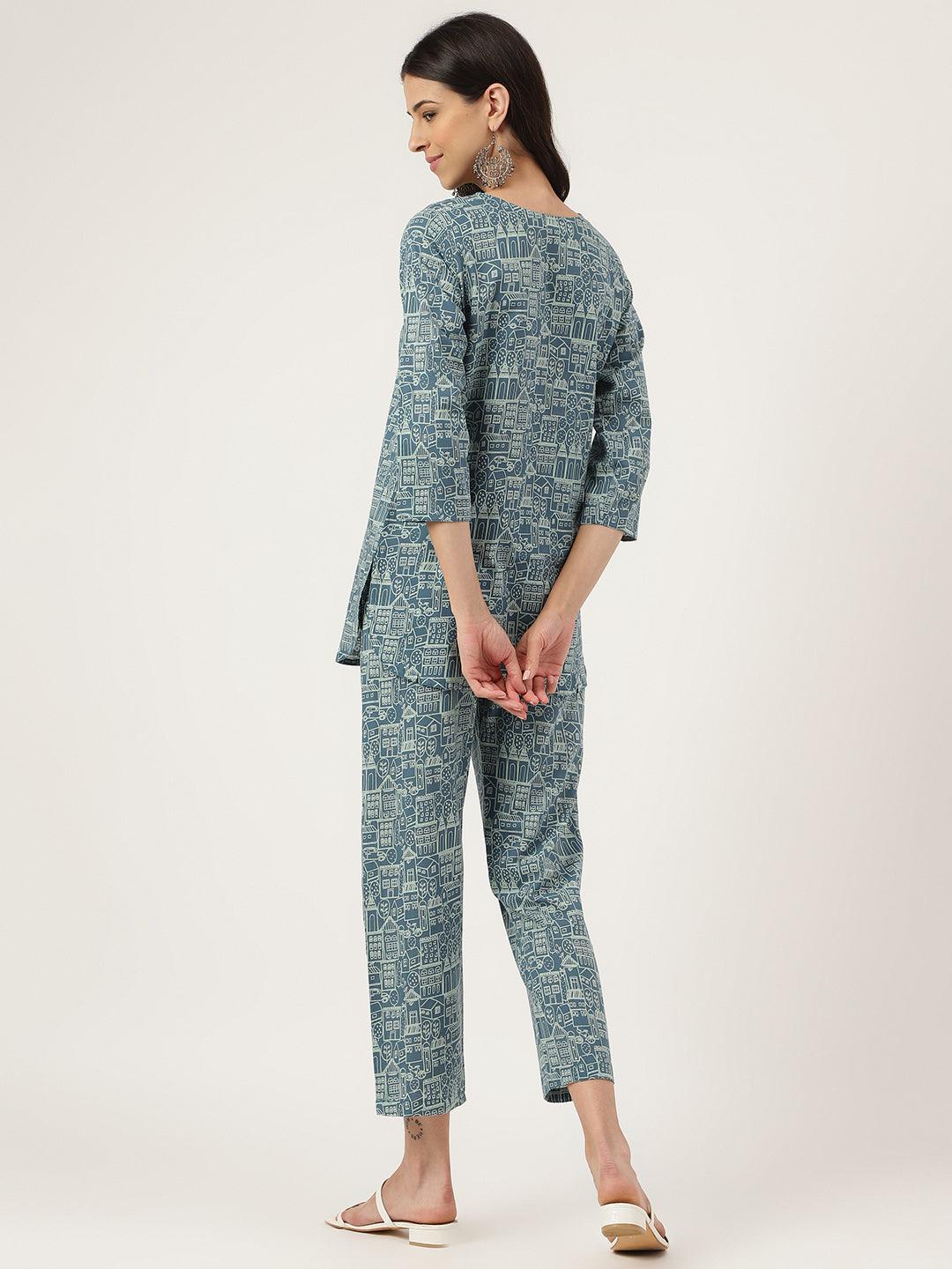  Teal Blue Printed Loungewear/Nightwear 