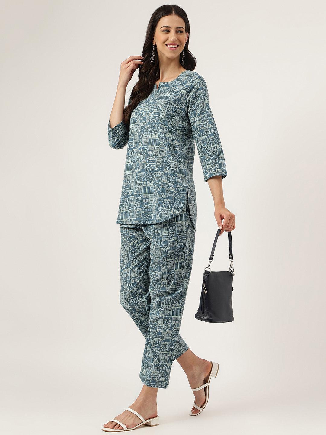  Teal Blue Printed Loungewear/Nightwear 