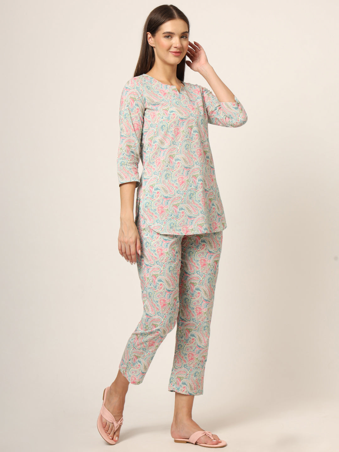 Blue Multi Floral Print Cotton Regular Fit Night Suit