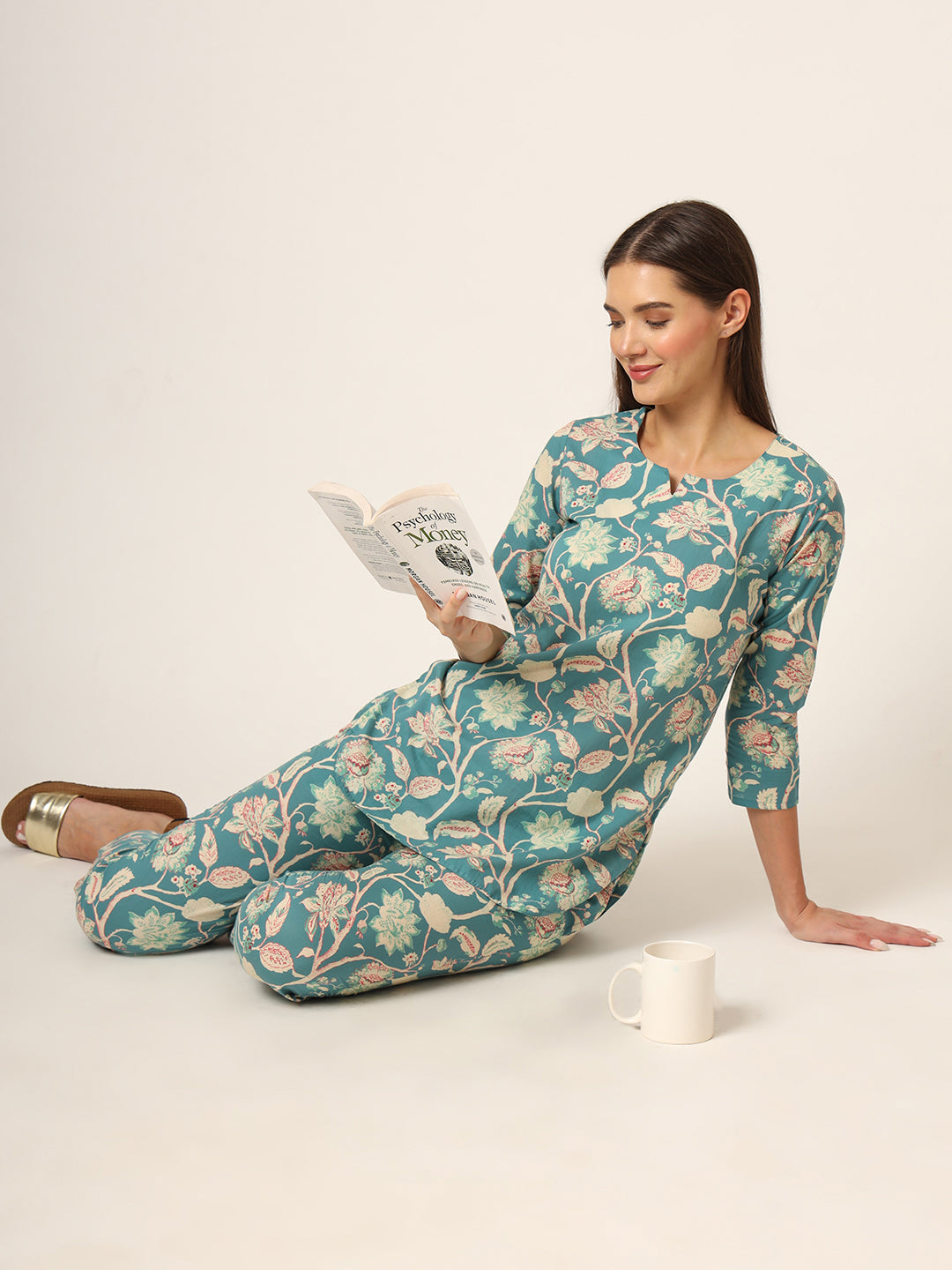Green Floral Print Cotton Regular Fit Night Suit