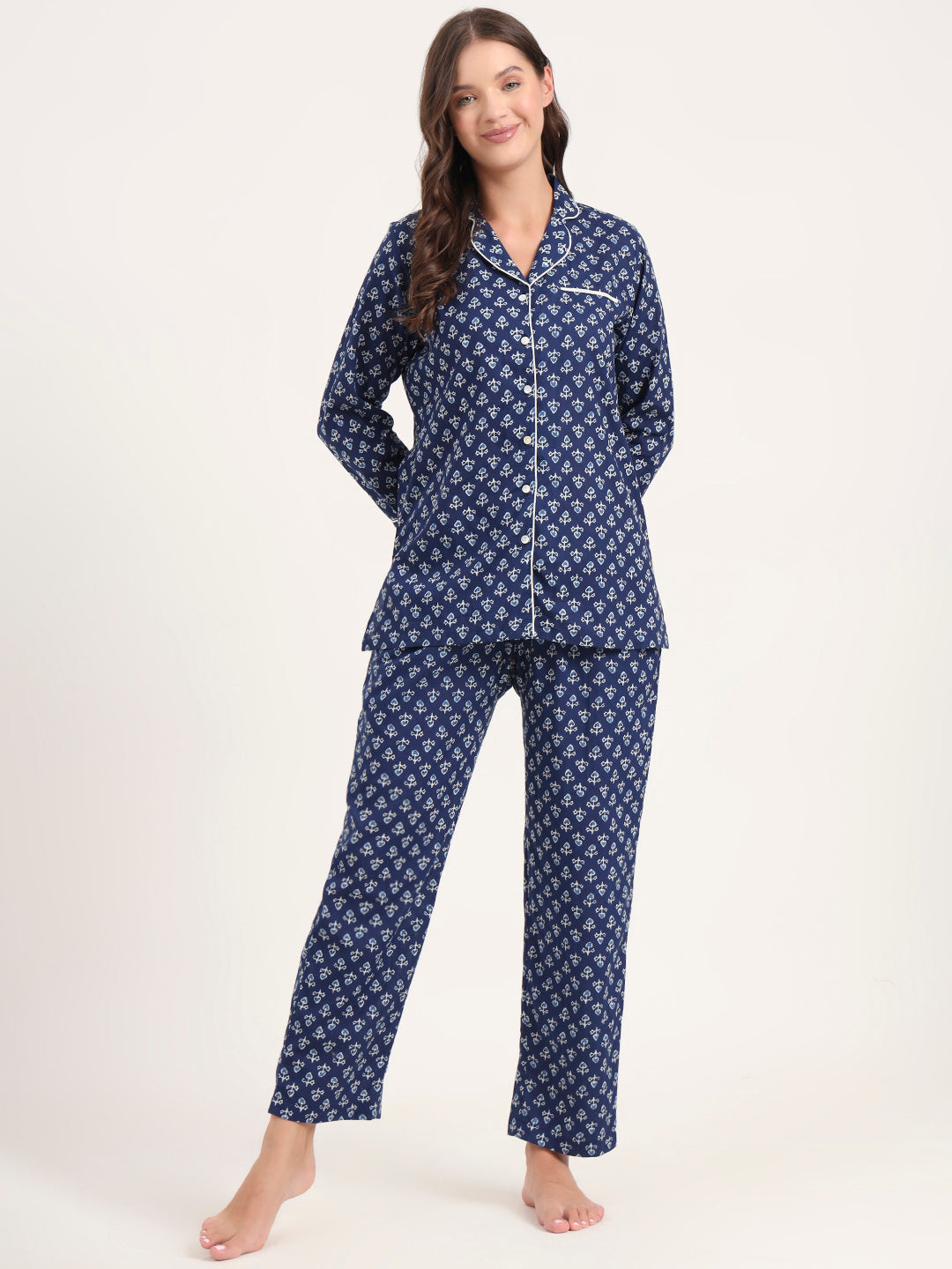 Blue Cotton Printed Night Suits