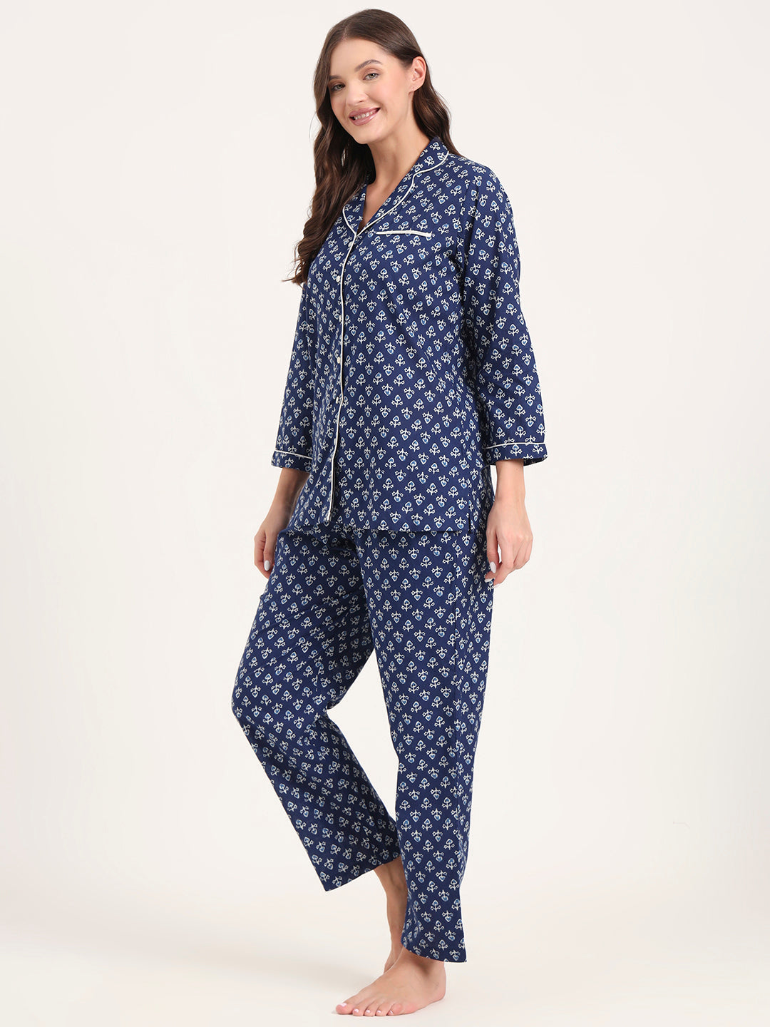 Blue Cotton Printed Night Suits