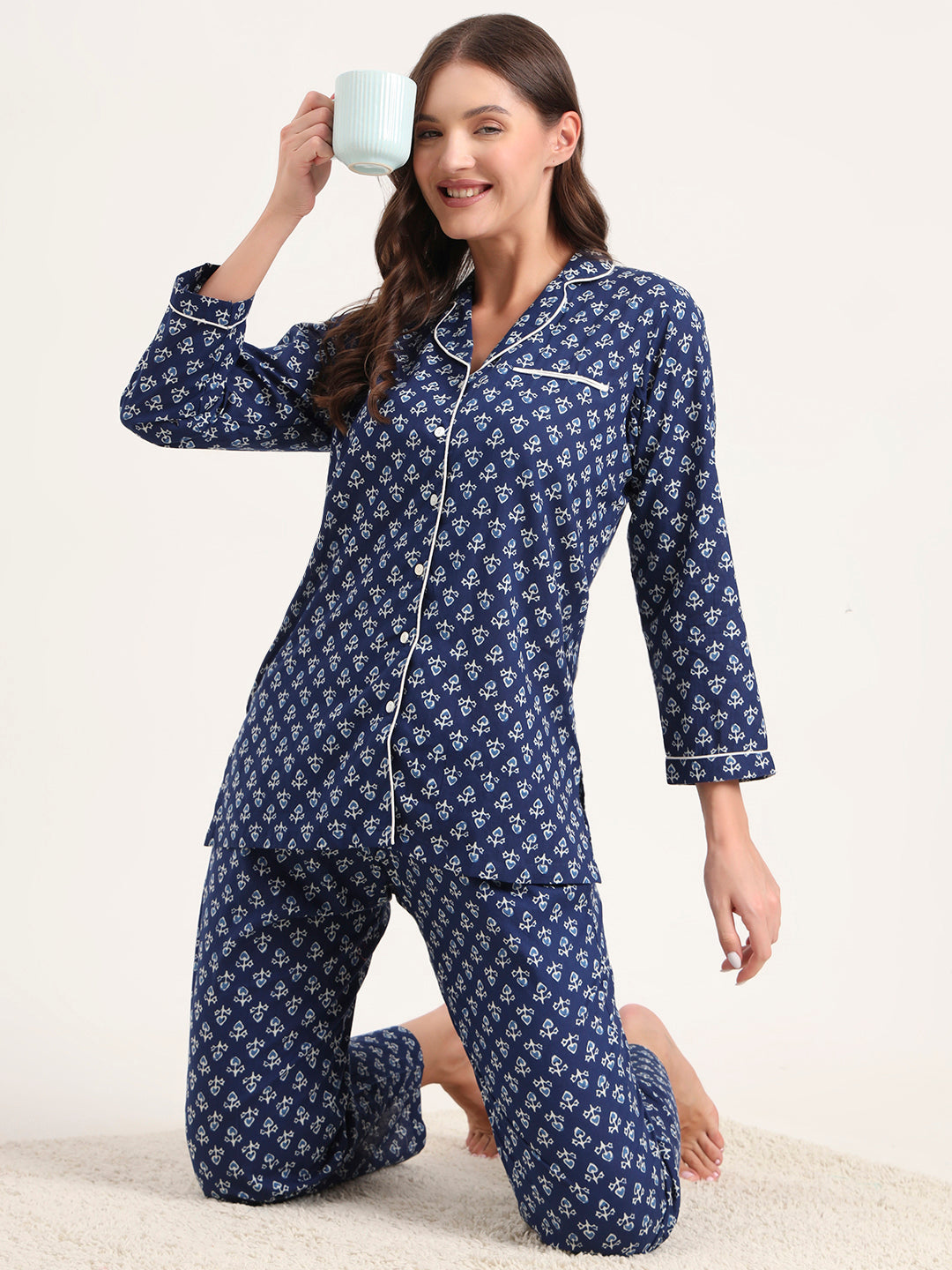 Blue Cotton Printed Night Suits