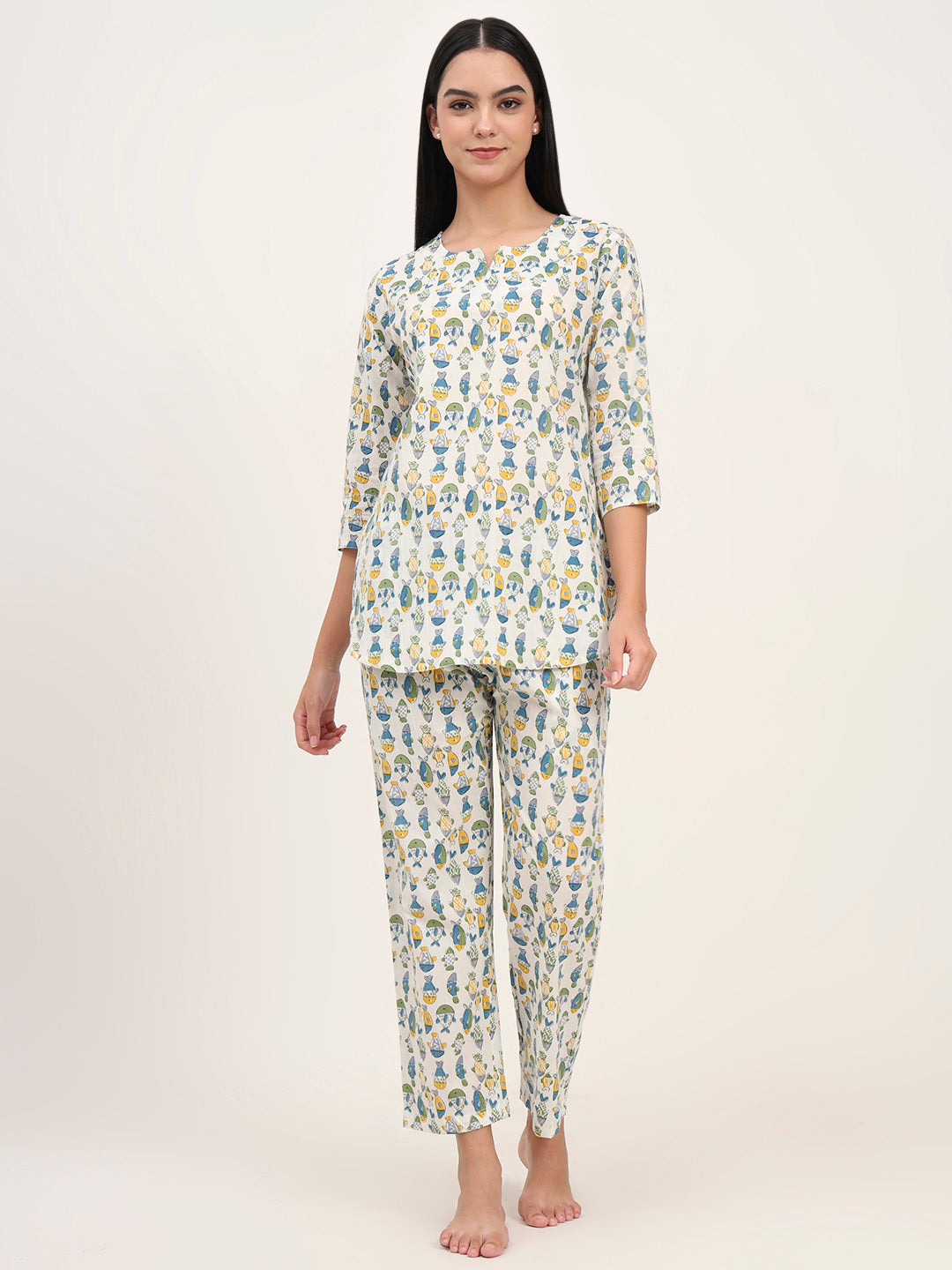 White Cotton Printed Night Suit Set