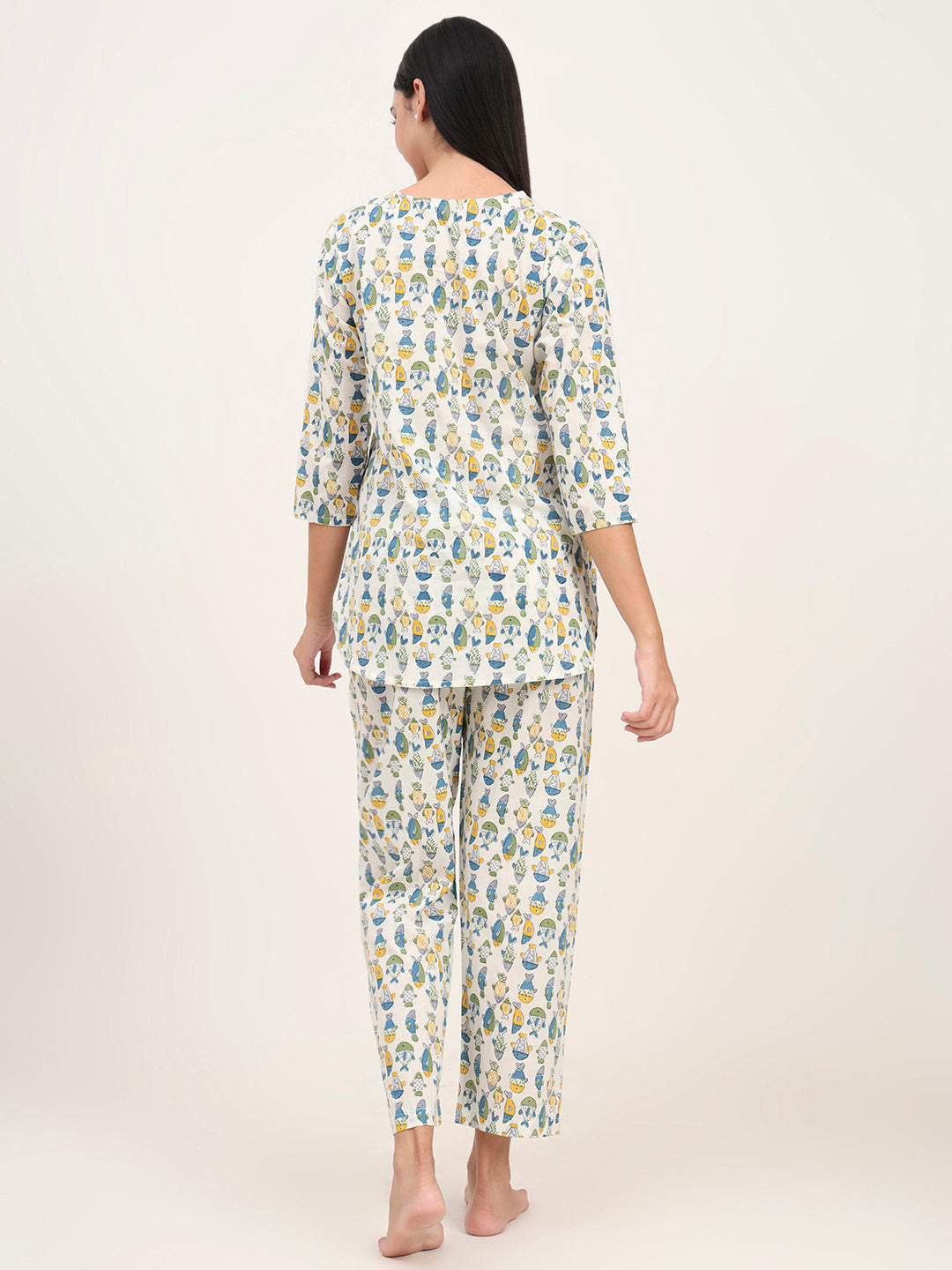 White Cotton Printed Night Suit Set