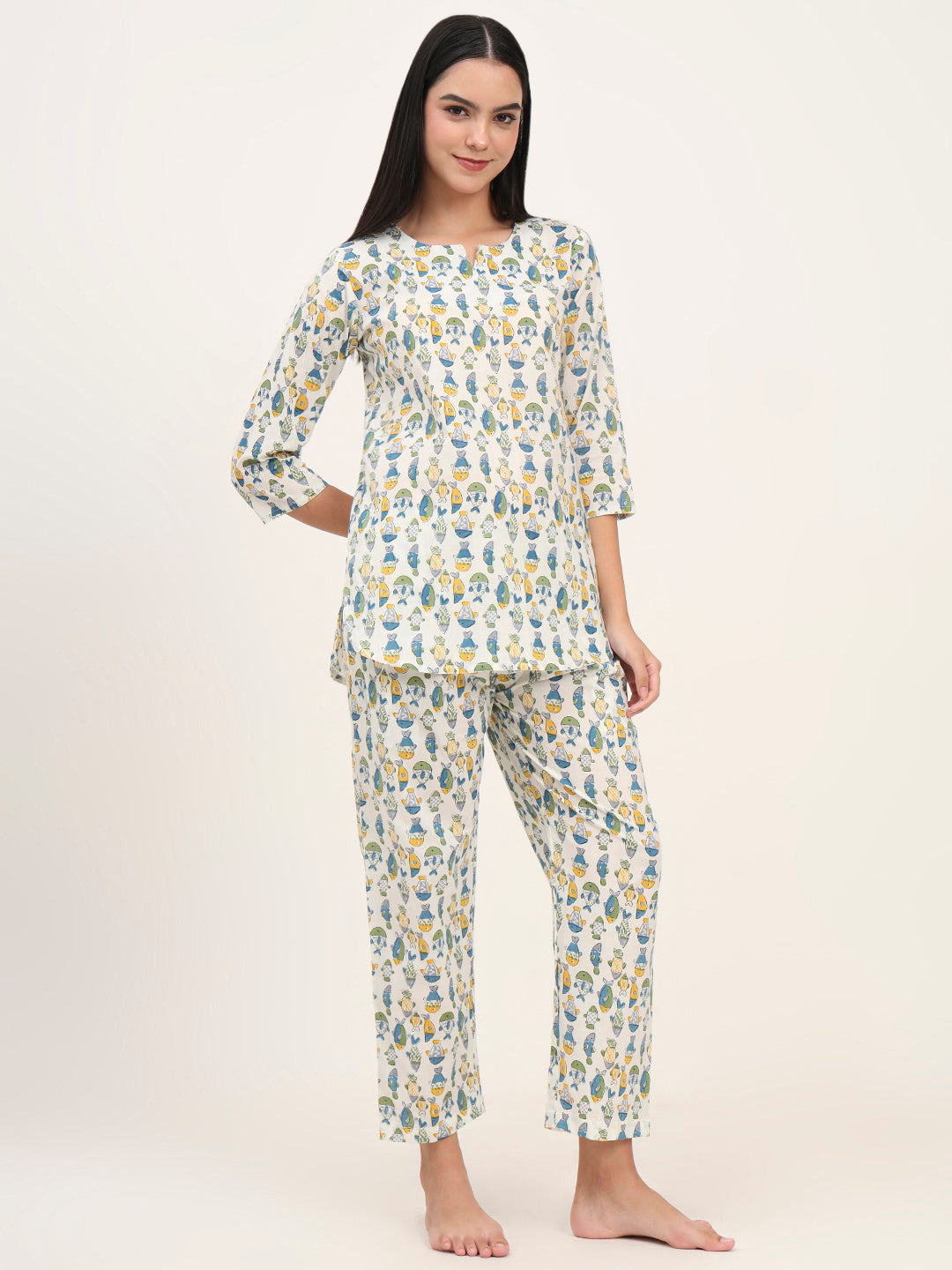 White Cotton Printed Night Suit Set