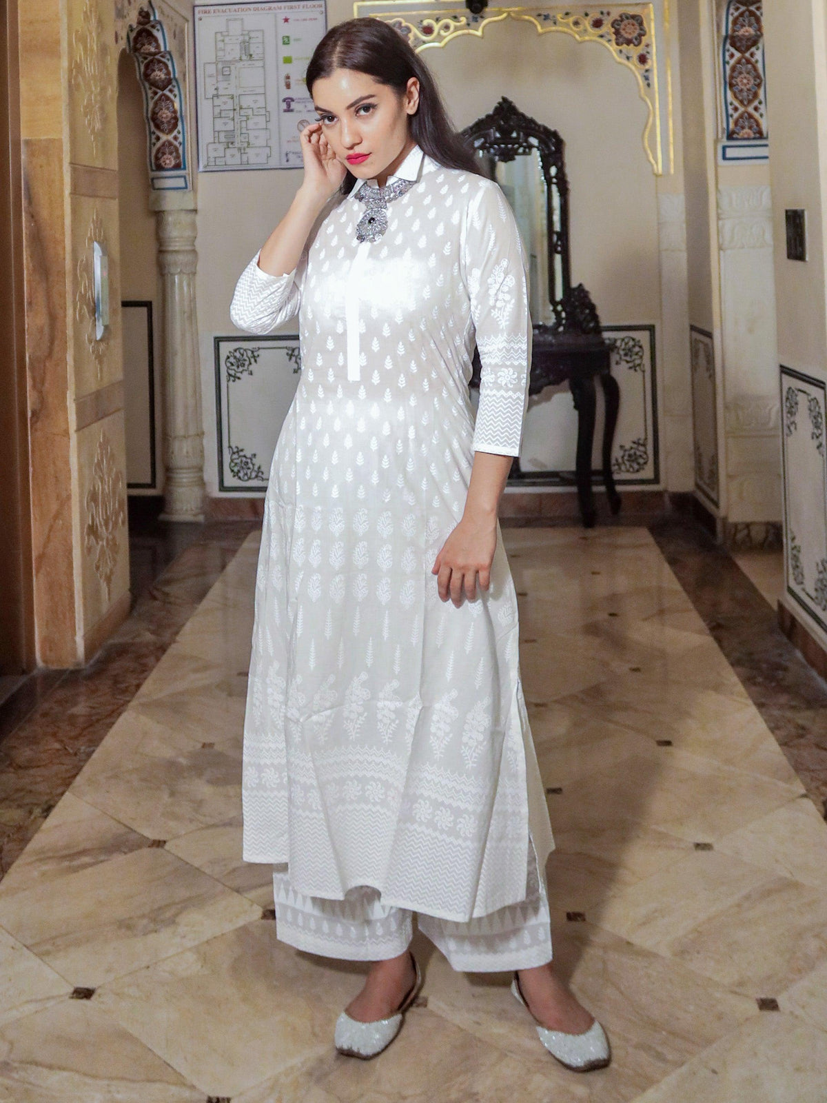  White Printed Cotton Kurti With Palazzo - world.com