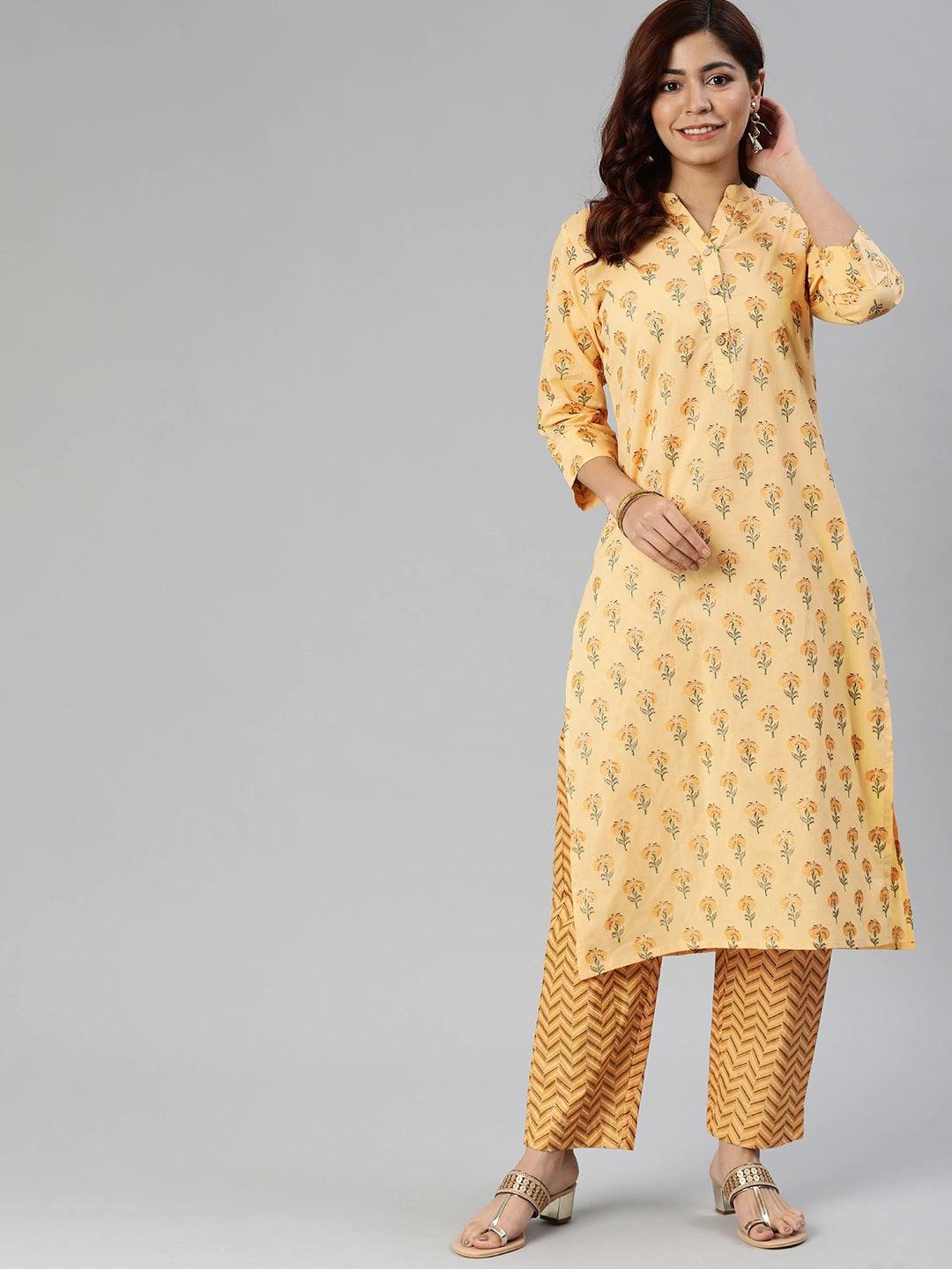  Yellow Flower Print Cotton Kurta Set 