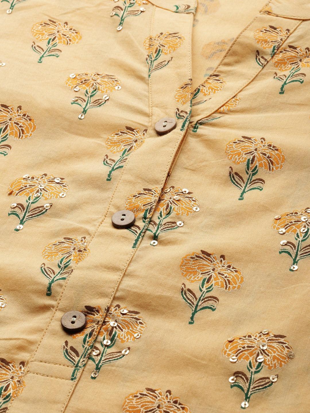  Yellow Flower Print Cotton Kurta Set 