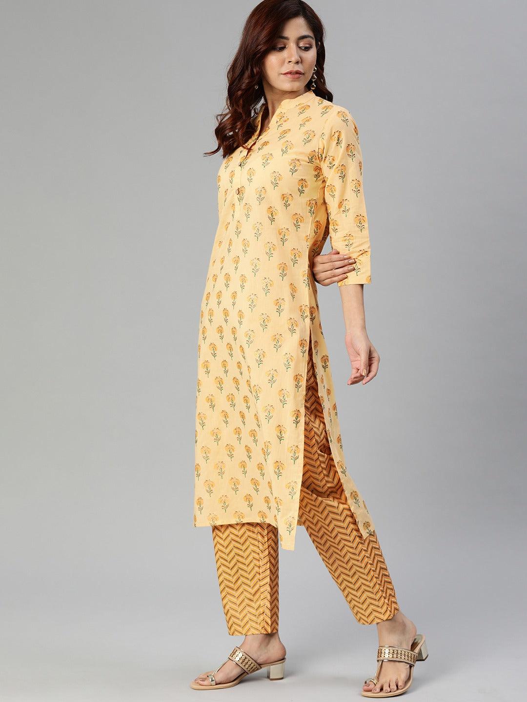  Yellow Flower Print Cotton Kurta Set 