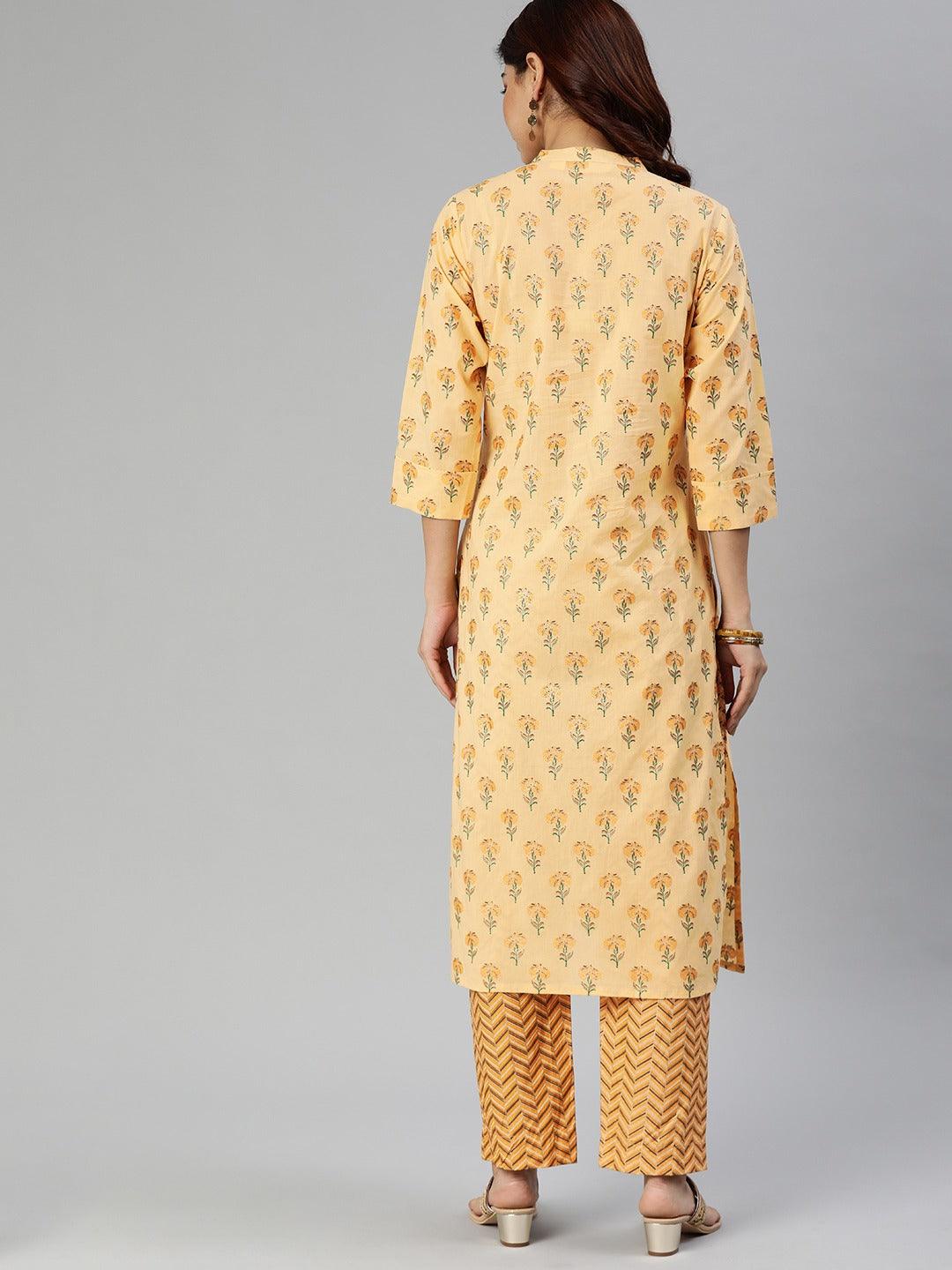  Yellow Flower Print Cotton Kurta Set 