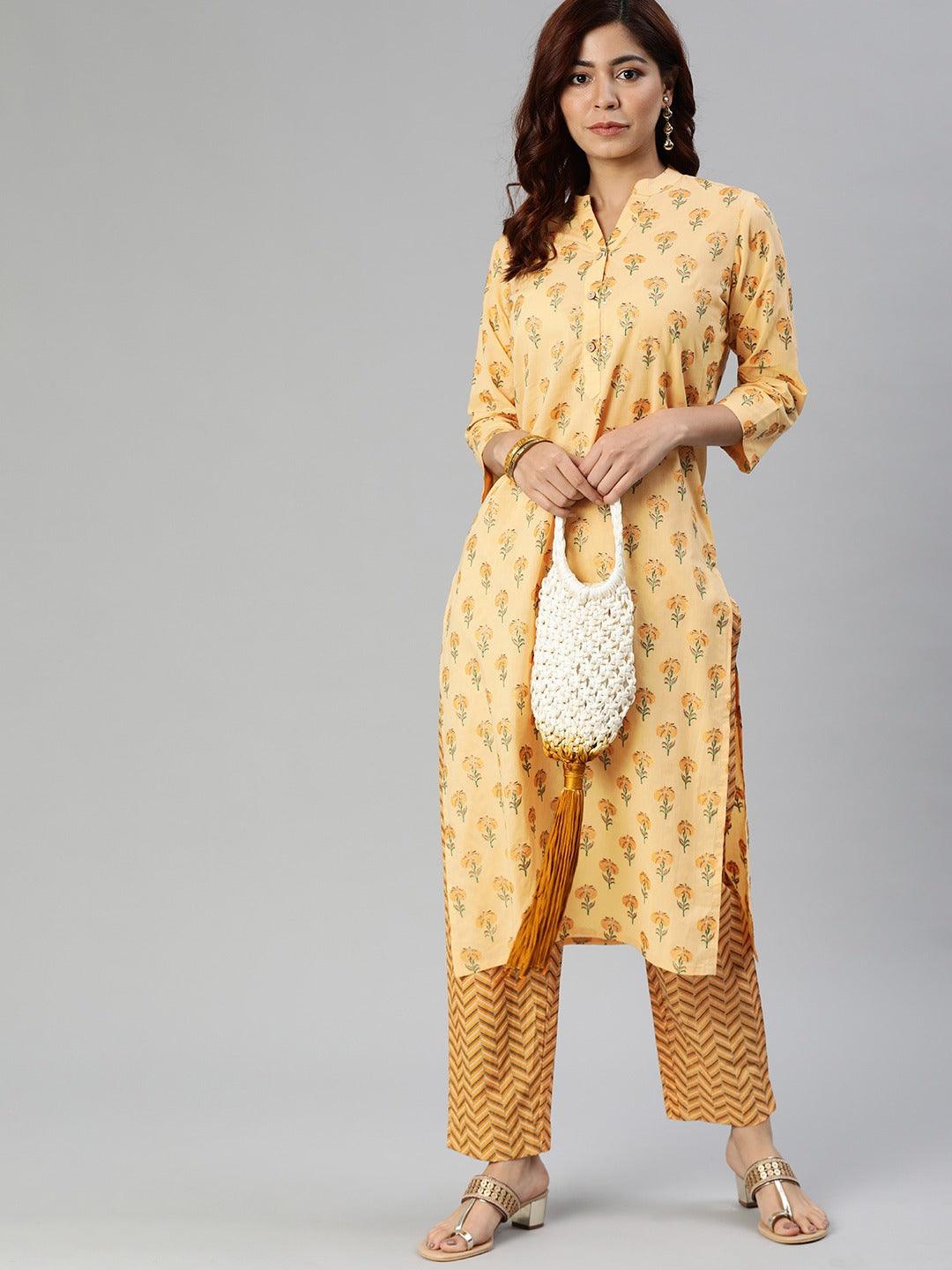  Yellow Flower Print Cotton Kurta Set 