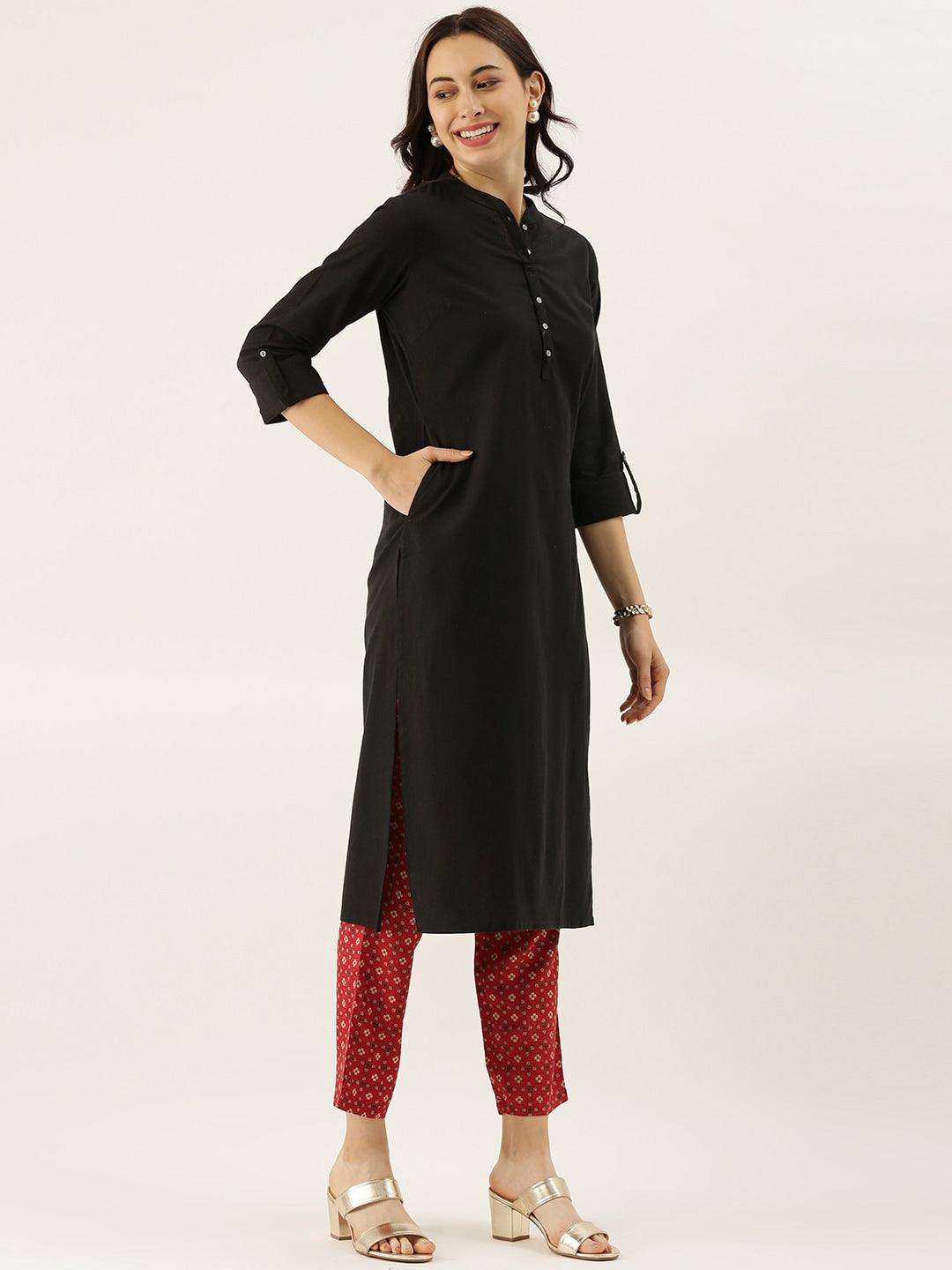  Black Solid Straight Roll up Kurti 