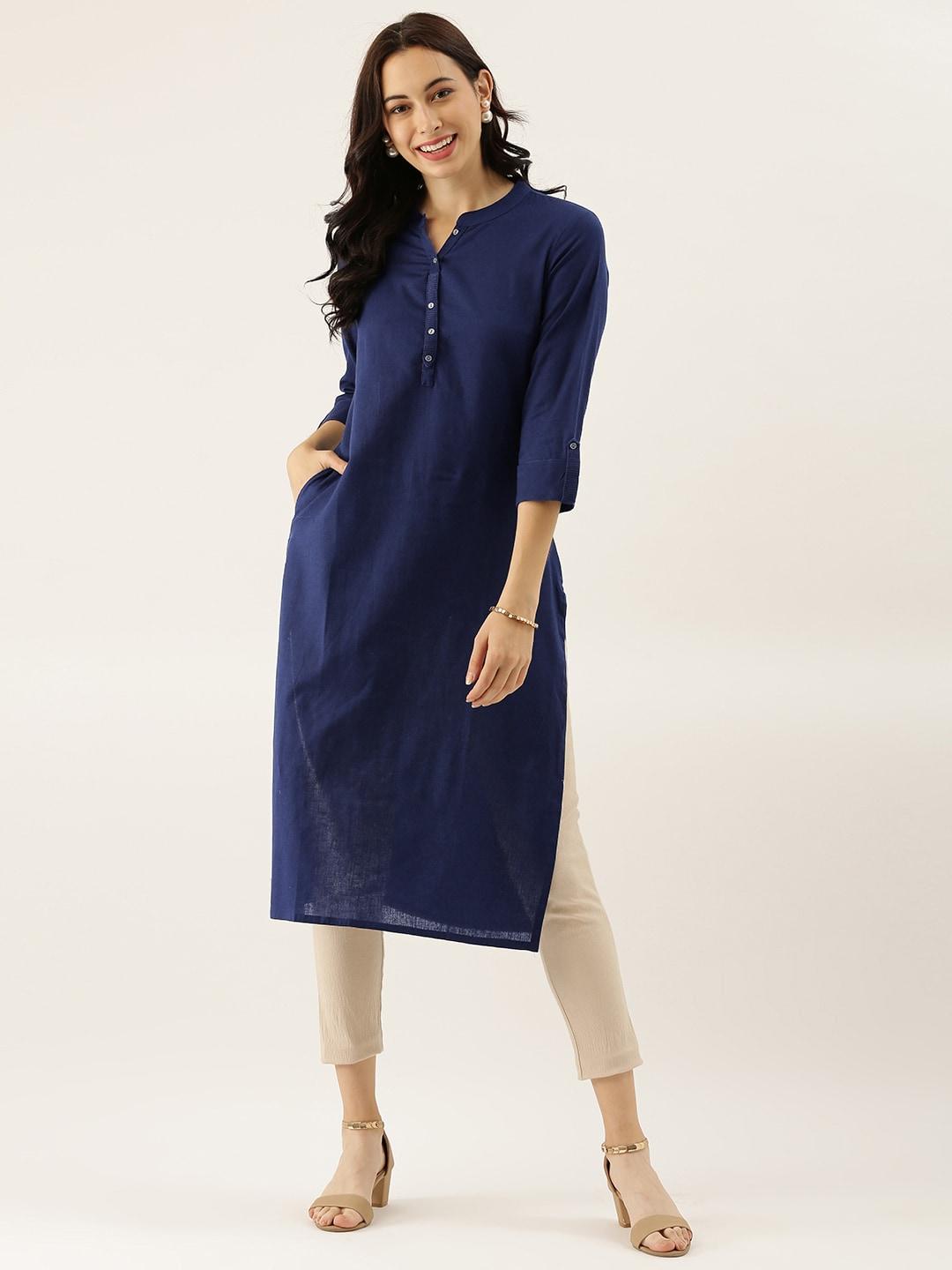  Blue Solid Straight Roll up Sleeve Kurti 