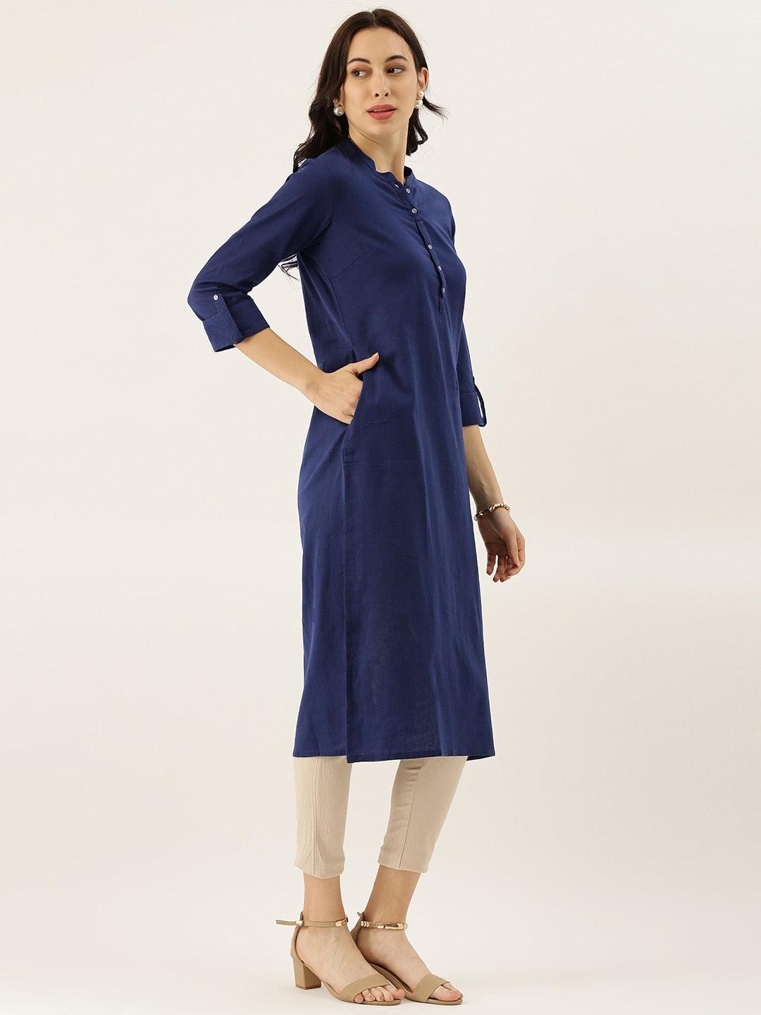  Blue Solid Straight Roll up Sleeve Kurti 
