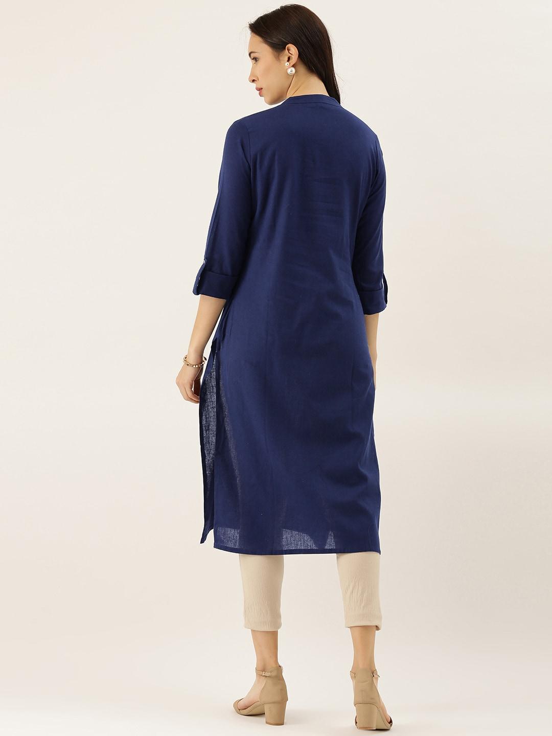  Blue Solid Straight Roll up Sleeve Kurti 