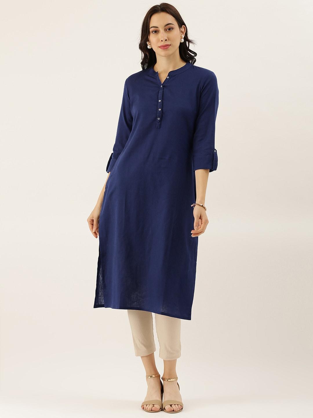  Blue Solid Straight Roll up Sleeve Kurti 