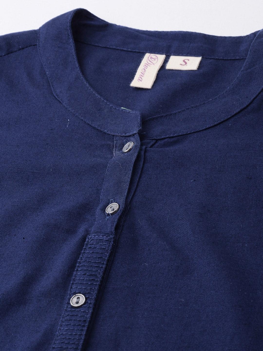  Blue Solid Straight Roll up Sleeve Kurti 
