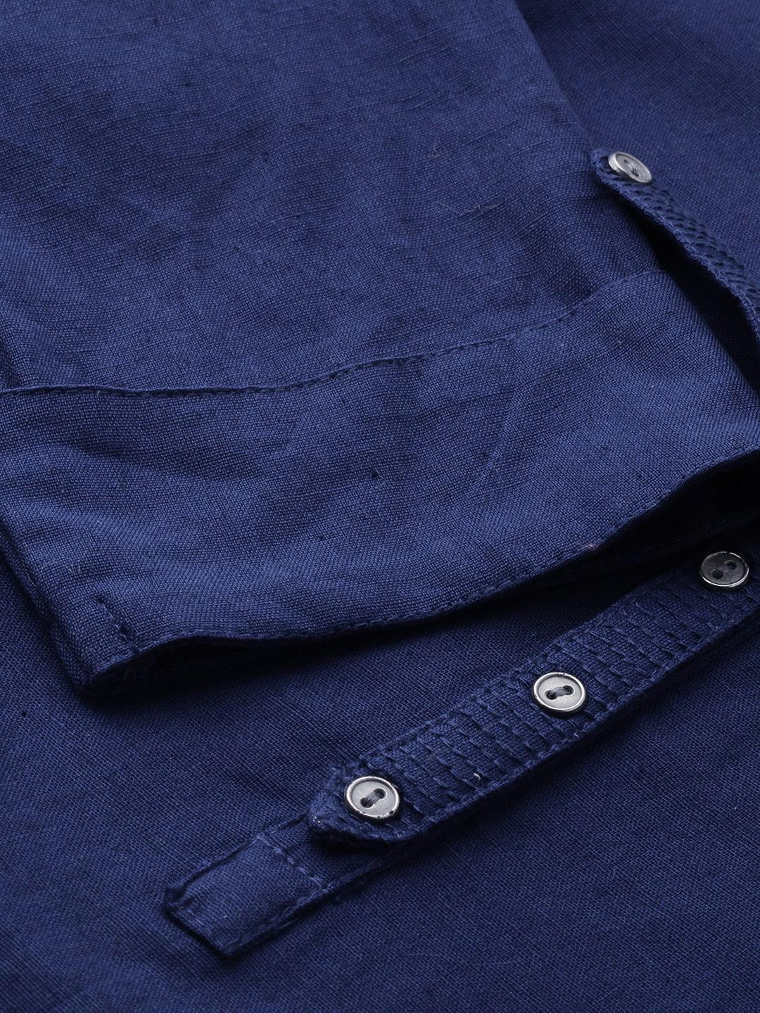  Blue Solid Straight Roll up Sleeve Kurti 